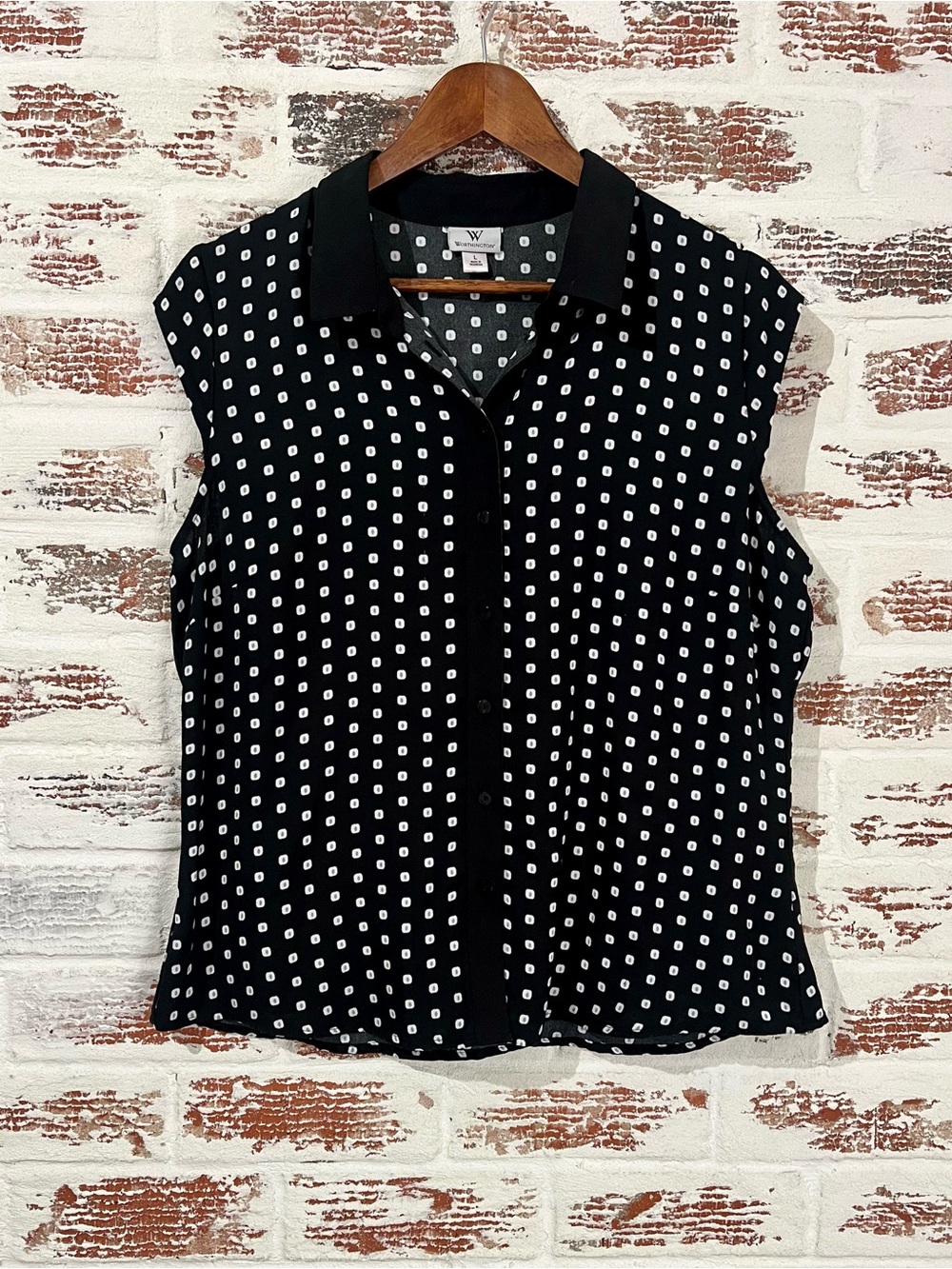 Worthington Blouse Sleeveless Button Down Collar Geo Print Workwear Office Sz L